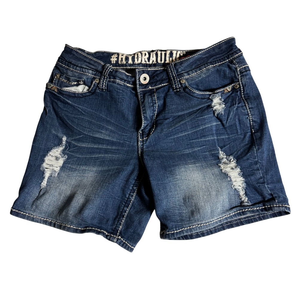 Hydraulic Womens‎ Distressed Denim Shorts Dark Wash Embroidered Pockets Size 5/6